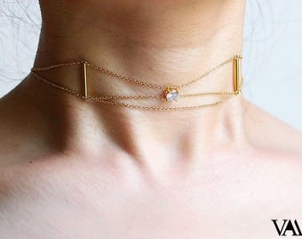 Layered choker Gold choker necklace Bridesmaids Gift Gold chain choker Diamond choker Dainty choker Crystal choker school supplies