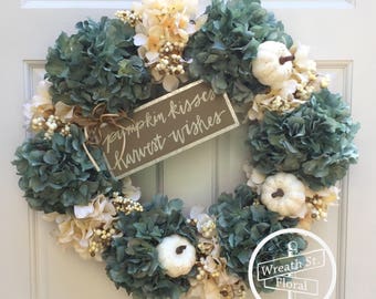 Fall Wreath, Autumn Wreath, Hydrangea Wreath, Pumpkin Wreath, Teal Wreath, Front Door Wreath, Grapevine Wreath, Wreath Street Floral