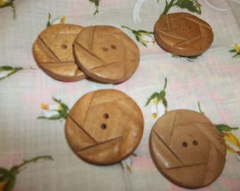 Vintage Large Wooden Buttons Retro Set Of 5
