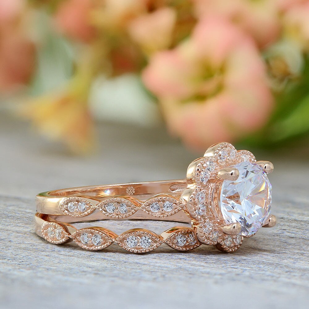 Flower Engagement Ring Set Rose Gold Plated Halo Wedding Set