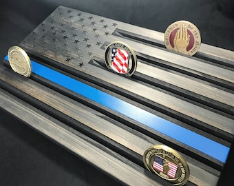 State Trooper Wood Flag Thin Blue Line - Black Blue Line Coin Rack - Police Coin Display - Customizable - Personalized