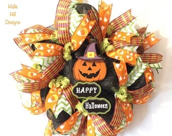 Happy Halloween Wreath Candy Corn Lime Green Black Orange Black Pumpkin Door D'ecor Small Halloween Wreath Whimsical Halloween Door Wreath