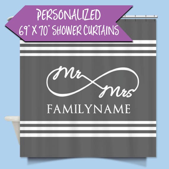 Mr. & Mrs. Infinity Gray Stripes Personalized Shower Curtain | Bride and Groom Name | Husband and Wife | Infinity Custom Shower Curtain