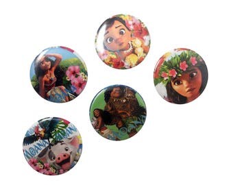 Moana Badge Set - Pin Back Buttons Disney Princess Party Favors Supplies