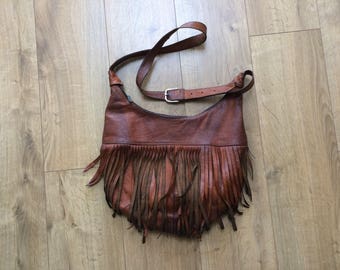 Vintage Brown Leather Fringed Hobo Shoulder Bag - Soft, Unstructured