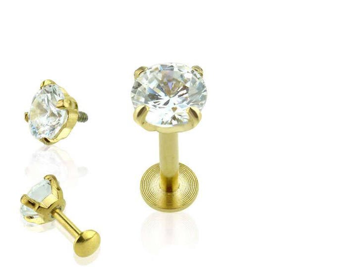Gold PVD Plated over 316L Surgical Steel Internally Threaded CZ Prong Set Labret/Monroe
