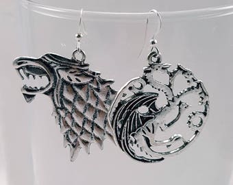 Stark and Targaryen Earrings, Game of Thrones Earrings, Dire Wolf, Ice and Fire Earrings, Game of Thrones Jewelry