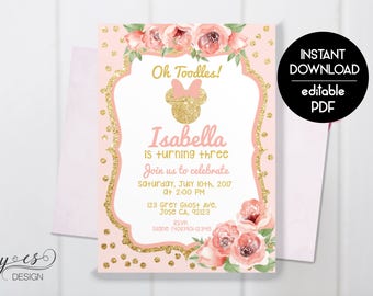 ANY AGE Minnie Mouse Birthday Invitation, Minnie Floral One year Invitation, Two, Three, Four, Five, Disney Invitations, Digital Invitation