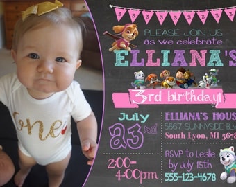 Paw Patrol invitation, paw patrol party invite, paw patrol skye everest, paw patrol pink invitation