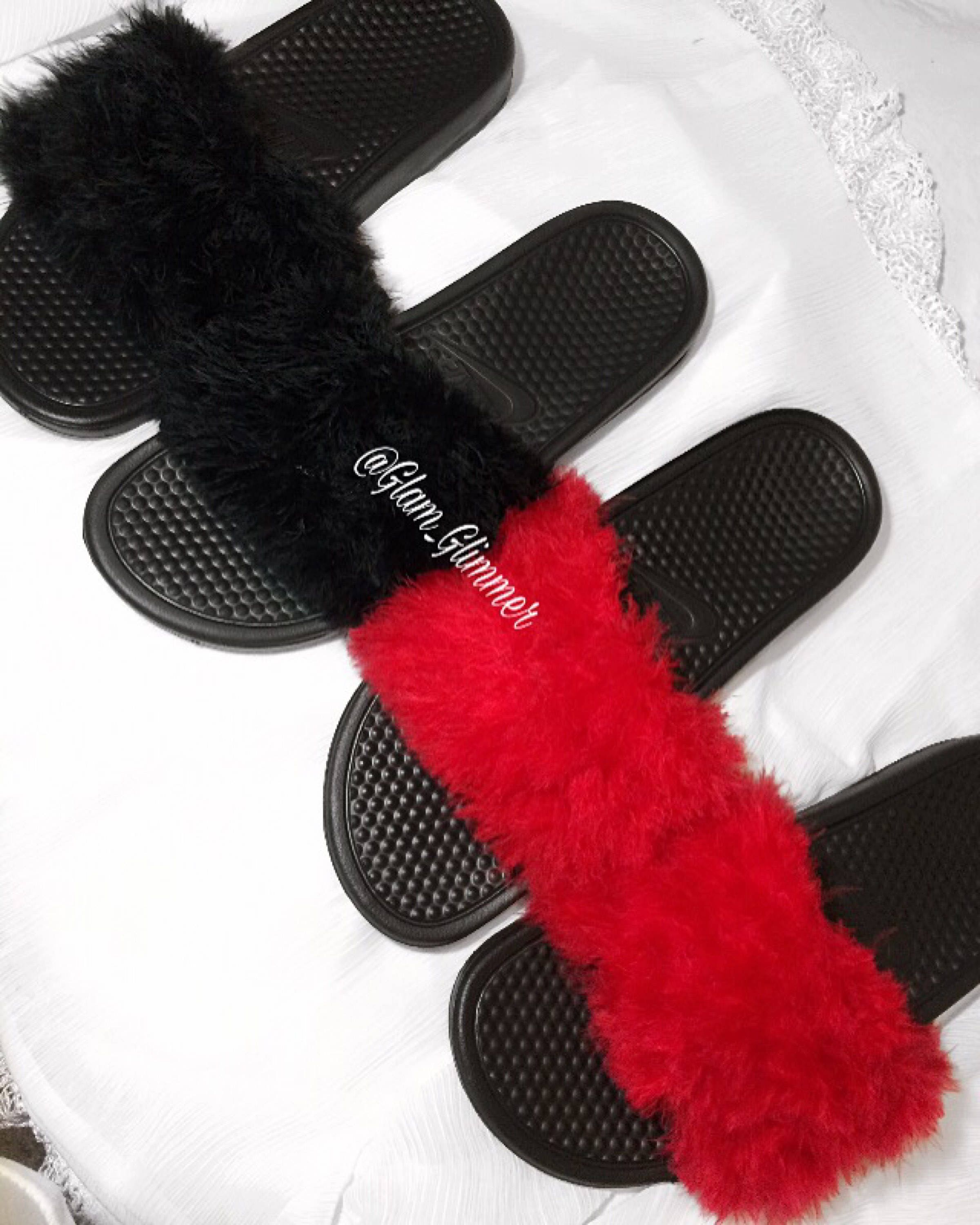 Women's Black Benassi Slides With Faux Fur Furry Nike