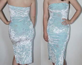 Pastel Crushed Velvet Dreamy Tube Top Midi Dress with Side Slits