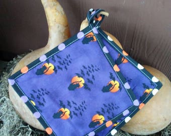 Halloween Festive Black cat Potholders / Fabric trivets/ Hot pads / host gift