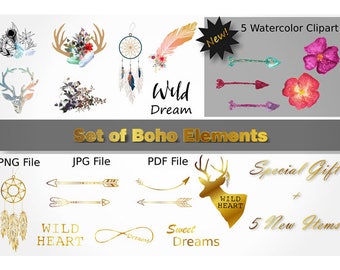 Set of Boho Elements, Boho Cliparts, Boho flowers, Boho Art Print, Boho Clip Art, Boho Decor, Boho Feather, Boho Elements, Boho Prints