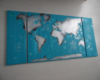 Acrylic painting triptych map world