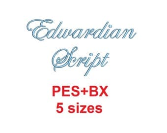 Edwardian embroidery font formats bx (which converts to 17 machine formats), + pes, Sizes 0.25 (1/4), 0.50 (1/2), 1, 1.5 and 2"