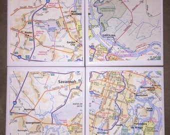 Savannah, Georgia Map Coasters, Set of 4 coasters, Map Gift, Map Tiles, Great Gift Idea