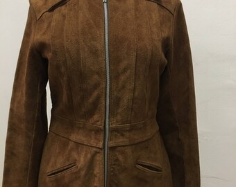 1970's zip up brown fitted suede jacket