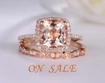 Rose Gold Engagement Ring Cushion Cut Morganite Ring Antique Diamond Wedding Band Women Halo Half Eternity Bridal Set Anniversary Unique