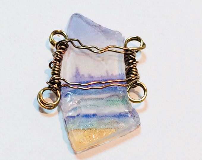 Small piece of Lake Michigan Beach Glass with an image of Chicago Skyline Wire wrapped in bronze - pendant or a bracelet - use your chain