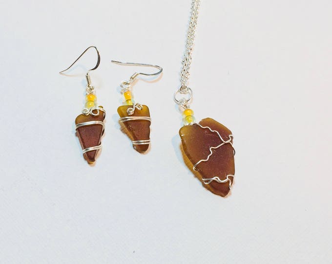 wire wrap - Brown Amber - Beach Glass - Necklace & Earrings - Gift for Her - Beach Glass Jewelry