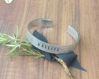 Warrior Bracelet, Hammered Metal Jewellery, Mental Health Awareness Gifts, Hand Stamped Cuff Bracelet,
