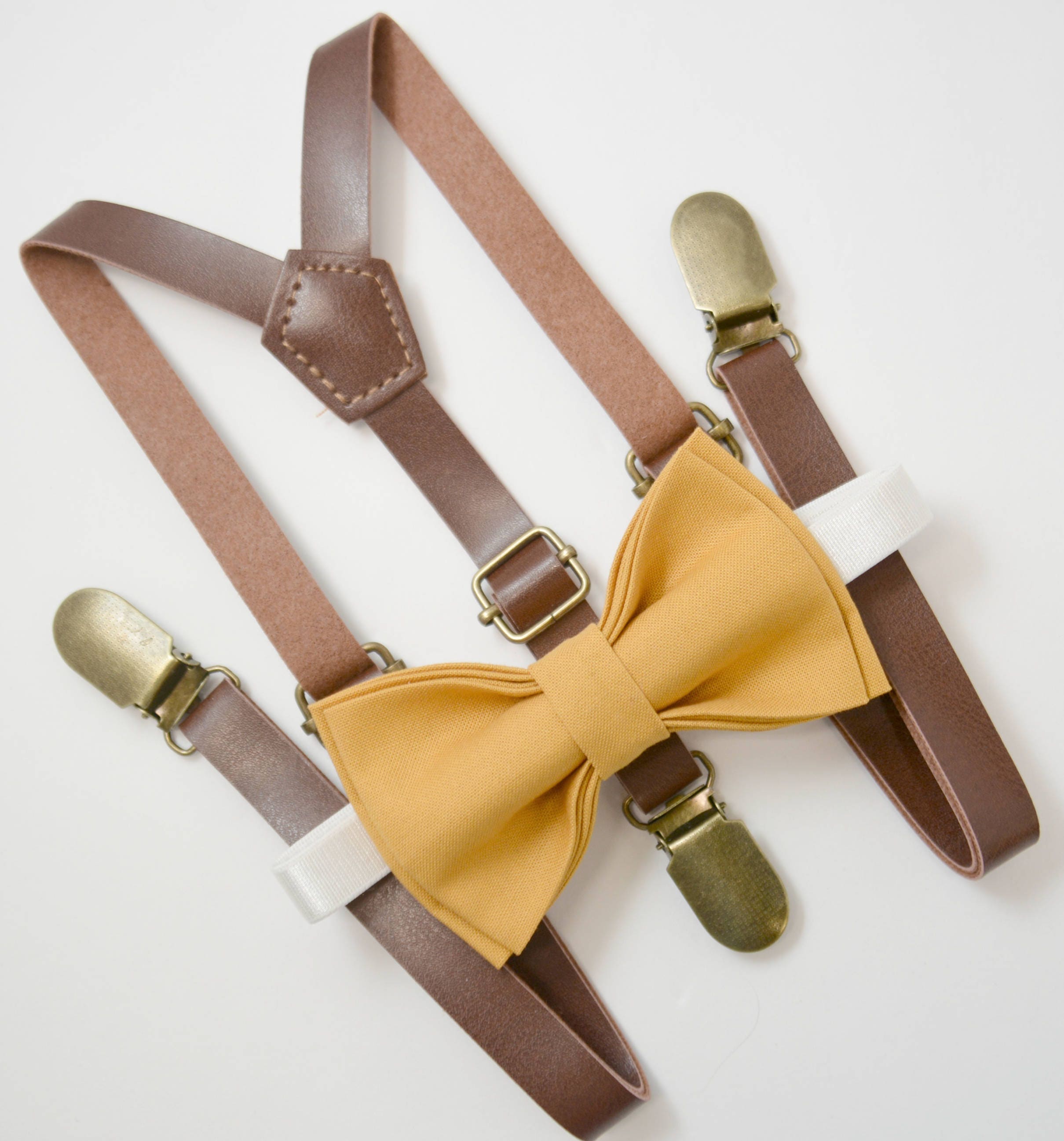 Bow Tie Suspenders SET / Mustard Yellow Bow Tie & Brown Faux