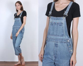 90s Gap Overalls // Vintage Capri Length Denim Overall Pants Blue Jean Womens - Small
