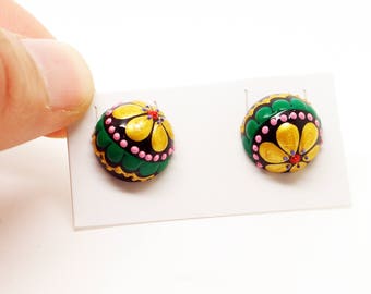 12MM Handpainted Wood Flower Earrings, Flower Jewelry, Wearable Art FREE SHIPPING