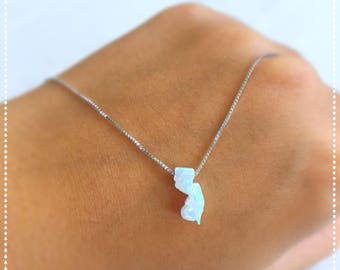New Jersey Delicate State Opal Necklace in White on Sterling Silver or Gold Filled Chain, State Jewelry, Jersey Girl Jewelry