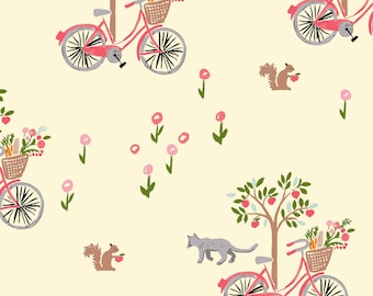 Organic Double Gauze Fabric - Monaluna Bloom - Lazy Sunday - Bicycle Fabric - Squirrel Fabric - Dog Fabric - Tree Fabric - Bike Fabric