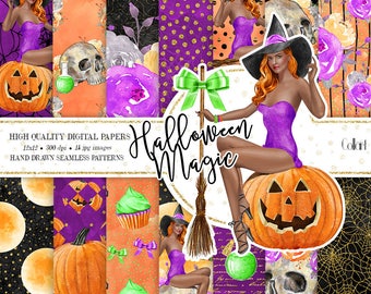Halloween paper pack, Witch digital paper, Fashion paper pack, halloween seamless patterns, autumn digital paper, pumpkin, skull papers