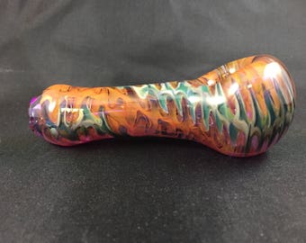 Glass smoking pipe, hand blown, rare old school zipper pattern, unique! Heady blue green and gold.