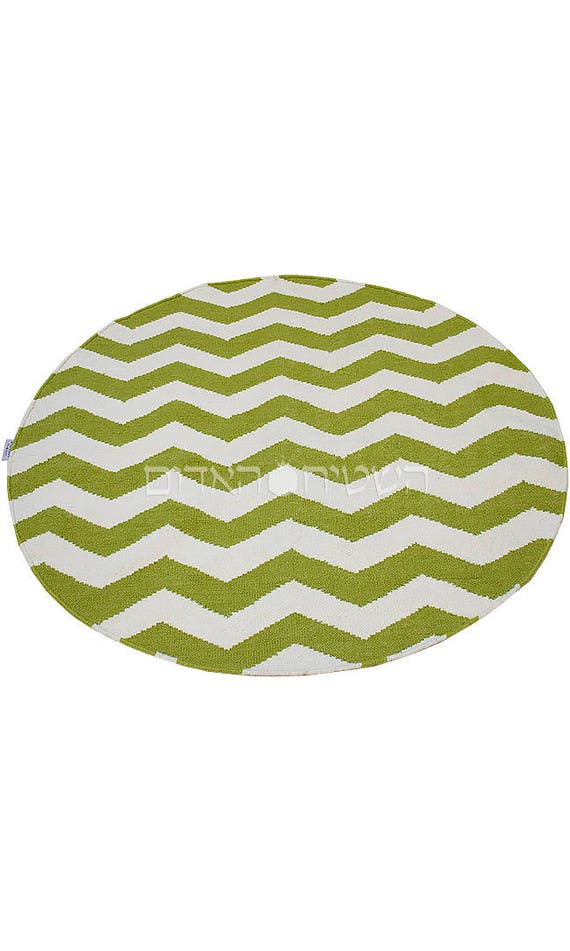 Green White Rug Handmade Round Geometric Kilim Carpet