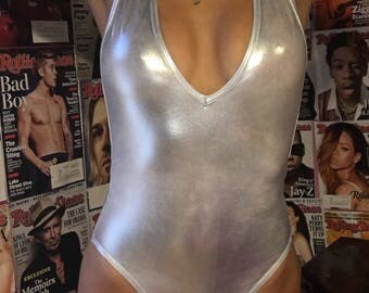 Silver metallic body suit backless
