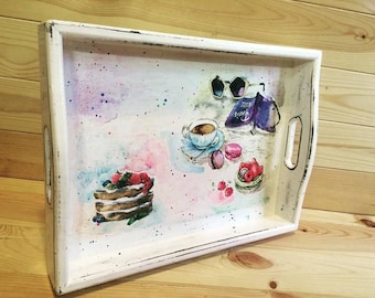 Decoupage Wooden Serving Tray - Wood tray for Breakfast, Rustic serving tray, Serving platter, Ottoman Tray, Shabby Chic coffee table tray