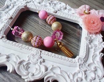 Pink & Gold Bubblegum Necklace | Chunky Bubblegum Bead Necklace | Adjustable necklace | Baby/Toddler Accessories