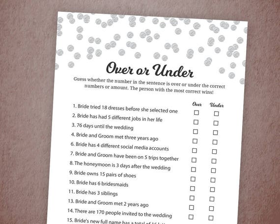 Over or Under Bridal Shower Games Printable Bachelorette