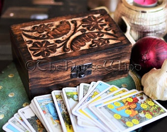 Tarot Box, Carved Wooden Box, Wicca Altar, Vintage Jewelry Box, Runes Box Pagan, Hand Engraved