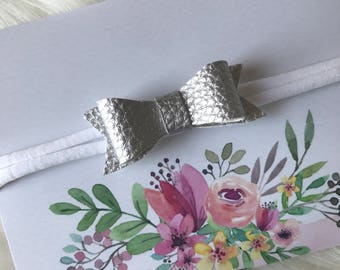 Silver Metallic Leather Bow - Nylon Headband