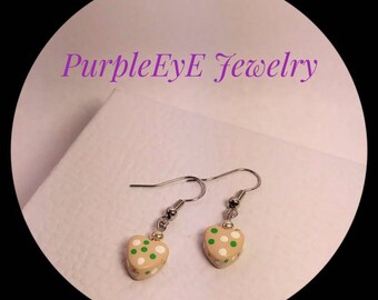 Polymer clay, cream, heart,white,green, polka dot, earrings