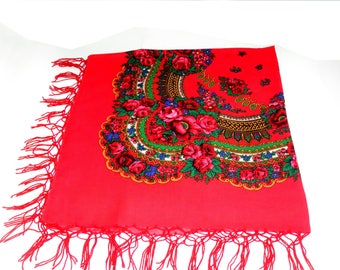 Red gift wife Russian floral scarf Ukraine scarves Shawl wool Floral vintage shawl Wool floral scarf Red kerchief Ukraine style Chale Russe