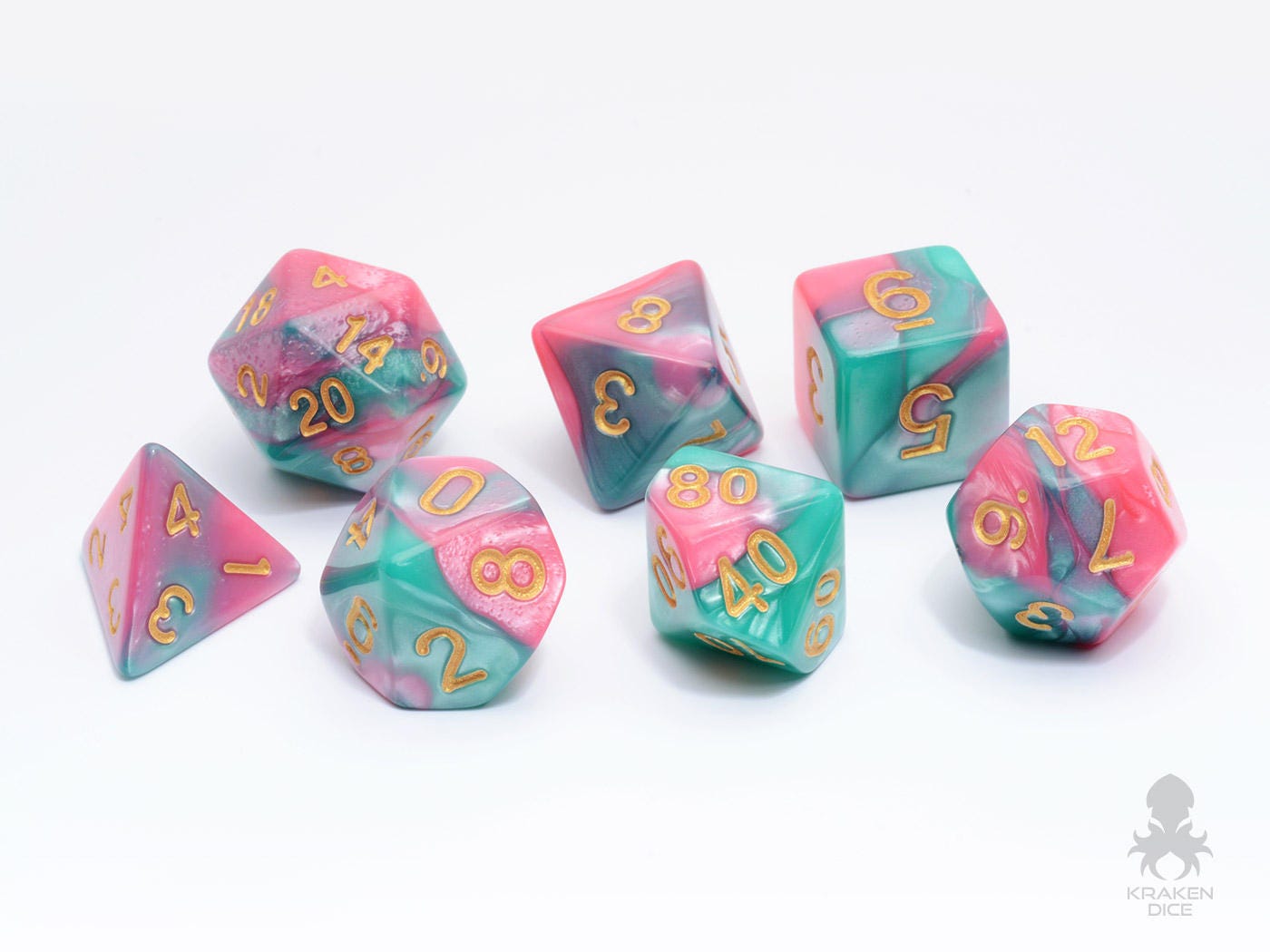 Pretty Dice Set Pink & Teal With Gold Numbers Dungeons and