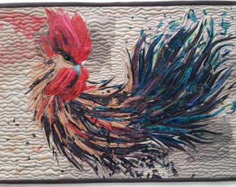 The Rooster no 3, art quilt, textile wall hanging, 45x31 cm
