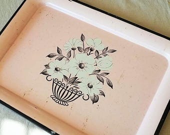 Vintage Metal Serving Tray 1950's Era Pink Floral