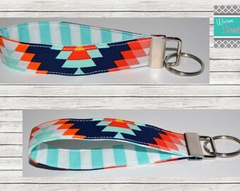 Aztec Navy/Mint/Orange Keychain, Key Fob, Wristlet Keychain, Wristlet Key Fob
