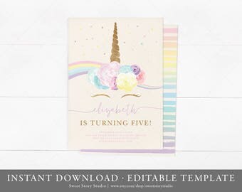 Instant Download | Rainbow & Unicorn Birthday Invitation Card | Editable | Watercolor Magical Pink Blush Gold