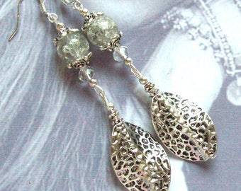 Clear Crackle glass beads silver plated earrings