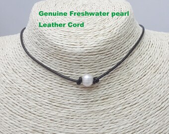 Pearl Choker, Leather Cord, Freshwater Pearl, Choker Necklace, Black Cord, Single Pearl Necklace, 1pcs