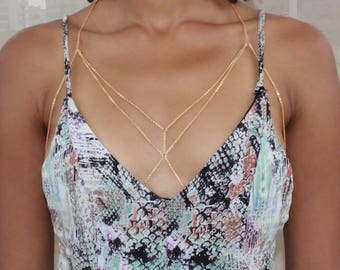Gold Bra Chain / Gold Layered Body Chain / Double Layered Body Chain / Gold Chain Bra/ Body Harness / Body Jewelry / Bra Cage