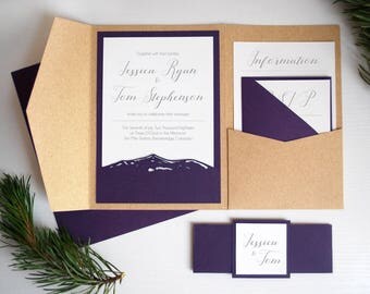 Rustic Mountain Invitation, Colorado Wedding Invitation Kits, Rustic Kraft Paper Wedding Invite, Outdoor Wedding Invite Set, Purple, Kraft